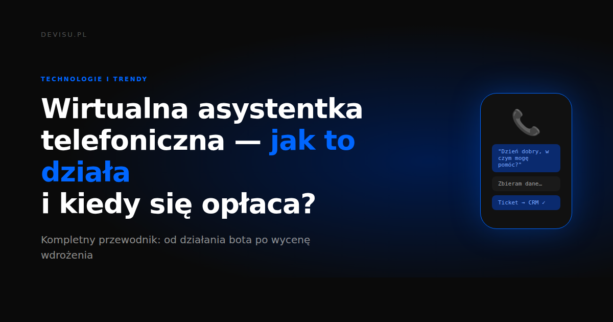 Wirtualna asystentka telefoniczna – schemat działania: połączenie przychodzące, rozmowa bota, ticket w CRM